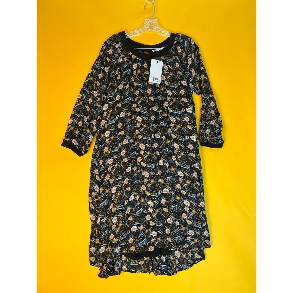 DR2 By Daniel Rainn Floral Long Sleeve Black A-Line Dress Womens M High Low NWT